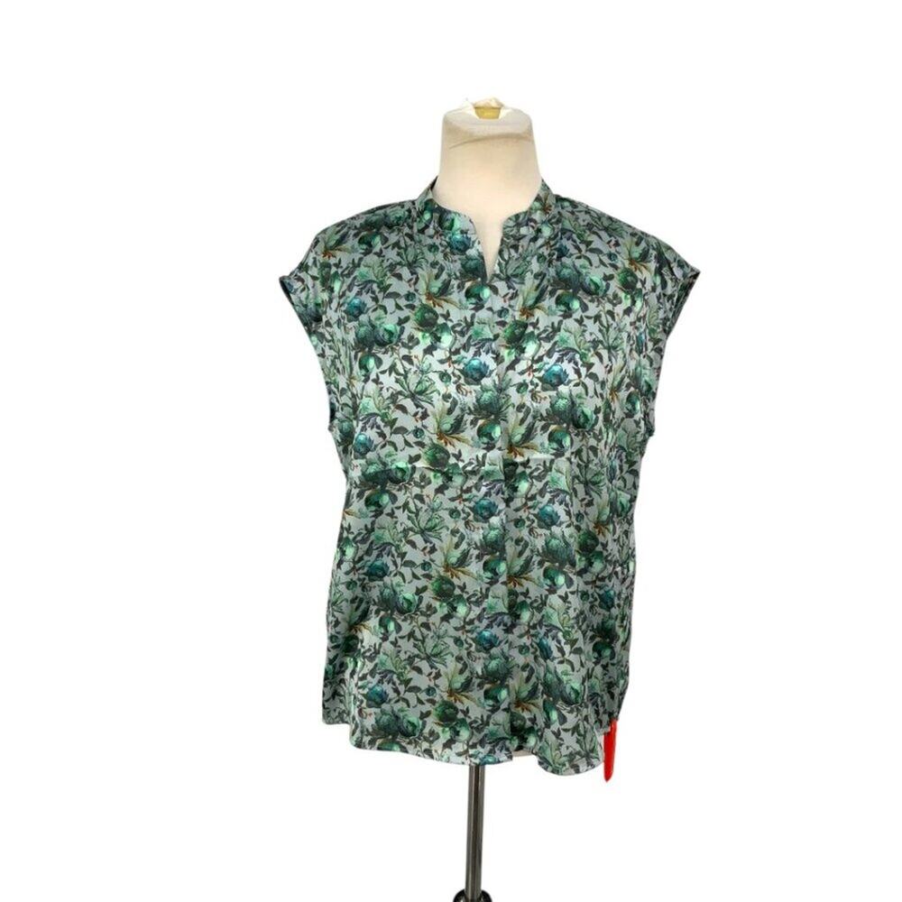 Elie Tahari Blue Floral Satin Button Front Cap Sleeve Top Size Small NWT